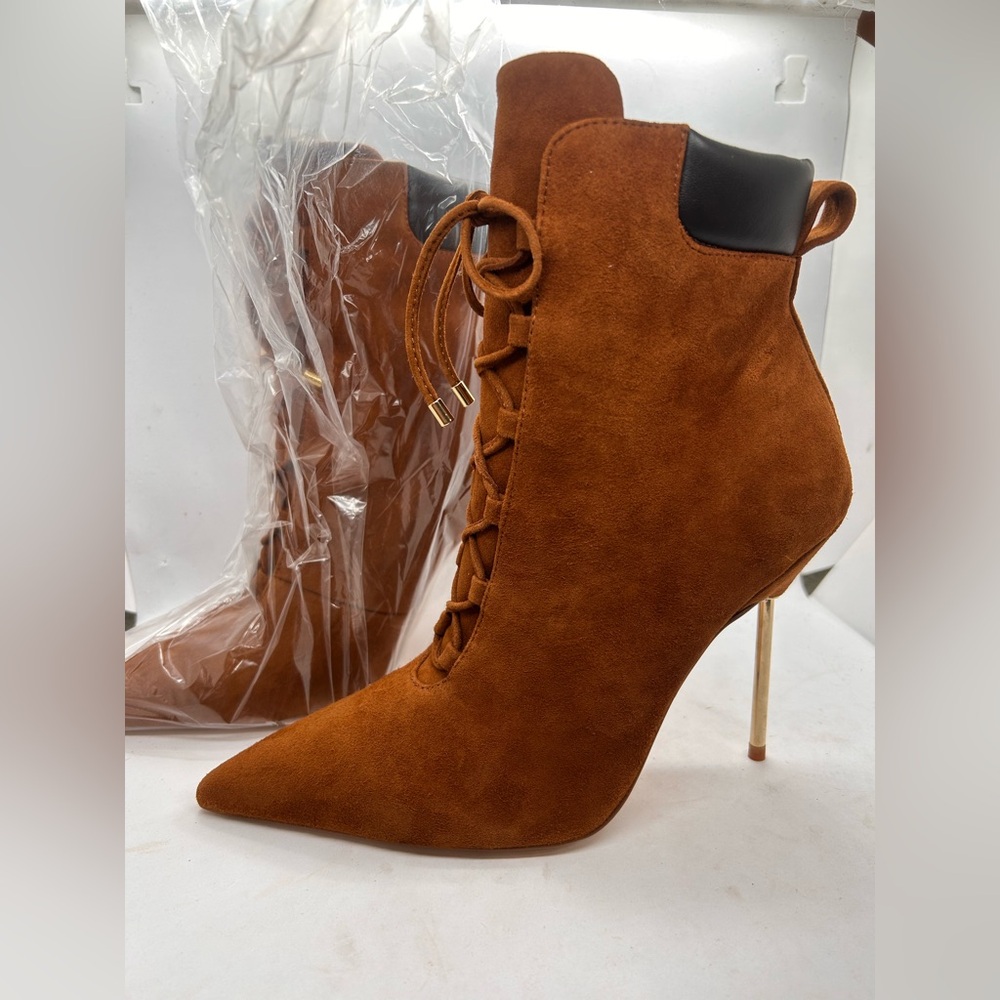 Good American Burnt Orange Suede Lace-Up Stiletto Booties